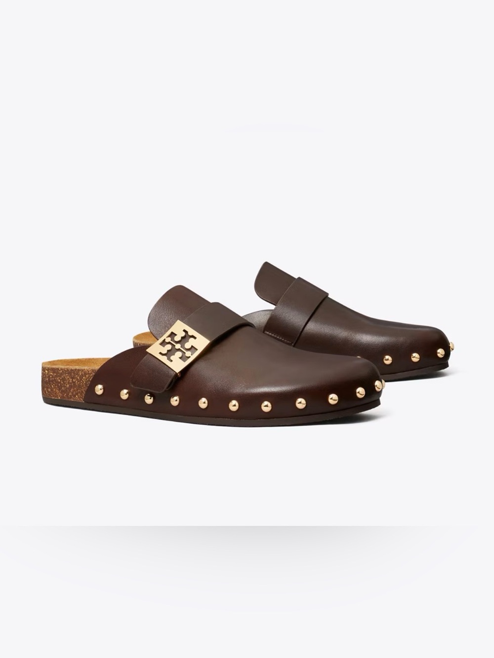 Tory Burch Mellow Buckle Mules in Deep Mocha Leather with Gold Hardware 9.5M